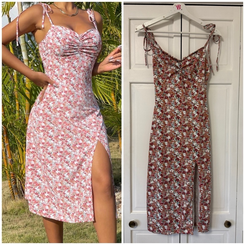 Floral Tie-Shoulder Spaghetti Strap Midi Dress in Pink Split Thigh Resortwear